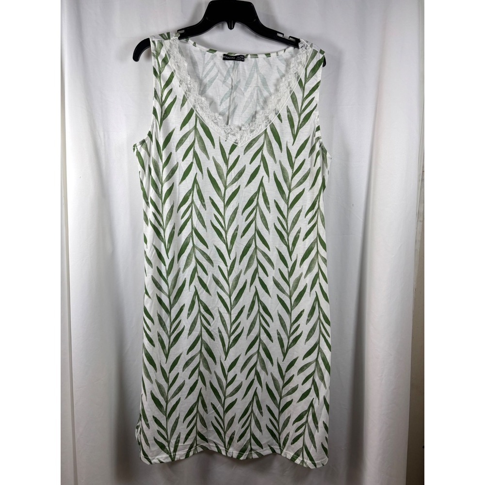 NORACORA Women's‎ XXL Green Leaf Print Sleeveless Lace Trim  Dress NWOT
